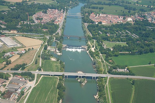above travel bridge blue sky italy panorama green nature water river airplane landscape flying high view earth top aviation aerial h2o fromabove agriculture lombardia cessna skyview adda lodi lombardy birdeye aeronautic pizzighettone