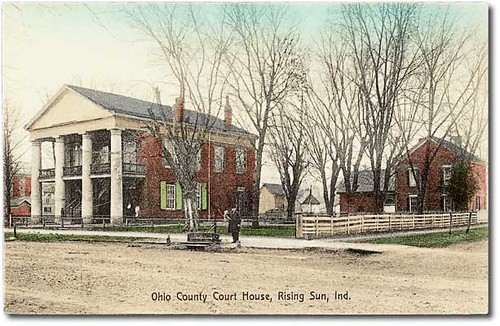houses people usa man color men history fence buildings clothing barns hats indiana streetscene pedestrians courthouse waterpump residential risingsun ohiocounty hoosierrecollections