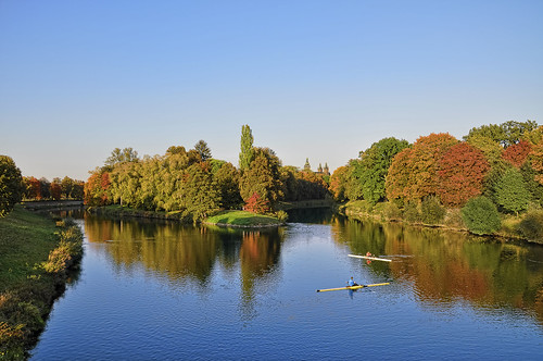 city autumn trees people reflection nature water colors sport river town europe day colours peace clear rowing czechrepublic elbe confluence rower labe hradeckralove soutok orlice