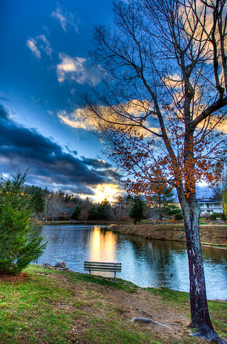 park blue autumn trees sunset sky lake tree fall water clouds canon bench nc high dynamic asheville mark louise ii 5d range hdr weaverville