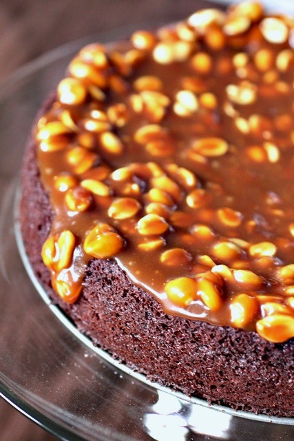 Caramel Peanut Topped Brownie Cake