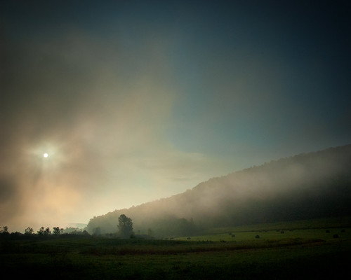 morning blue sun mist green field fog sunrise farm horizon explored