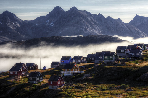 morning houses mist mountains fog clouds america sunrise bay town colours view lego sony north like east greenland alpha 580 kulusuk a580 tasiilag
