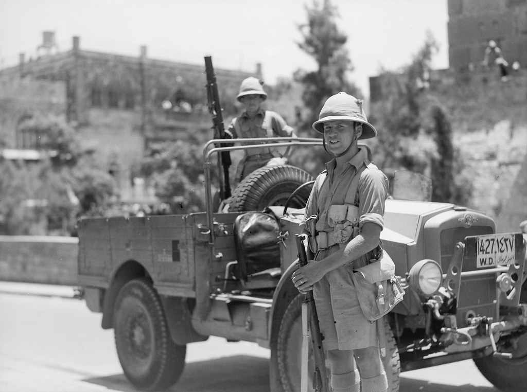 British soldiers from the  2nd Battalion Black Watch Regiment & armoured cars with Lewis machine guns in Julian Way, at Jaffa Gate July 13, 1938 ( LARGE image )