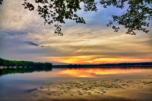 sunset sky lake tree nature water colors clouds shore wi hdr lilypods