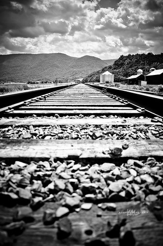 railroad bw mountains clouds barn train ties blackwhite track perspective silo wv westvirginia durgon hardycounty