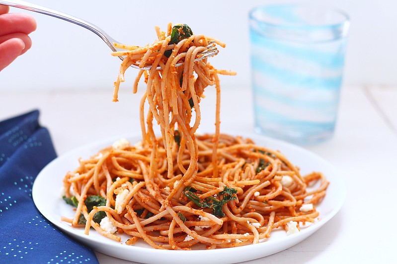 Roasted Red Peper Pasta with Kale