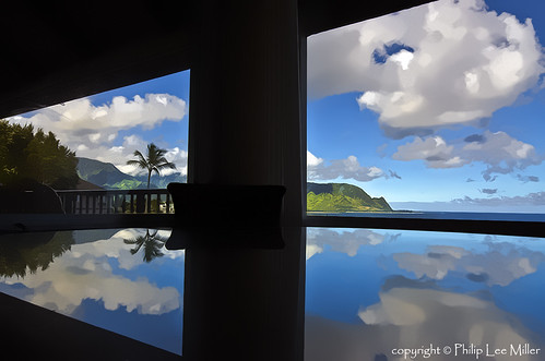 windows seascape clouds reflections landscape hawaii palmtree kauai balihai glasstable pacificislands hanaleibay reflectivesurface palikekua mtmakana