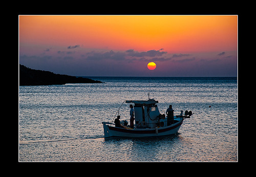 sea summer sun dawn boat fishermen greece crete lasithi zakros