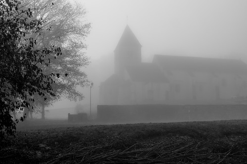 france fall church fog landscape outside person day view picture bourgogne vergy