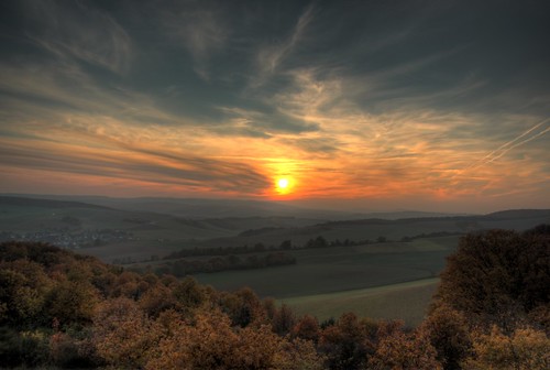 autumn sunset sky orange sun landscape wide hills hdr photomatix kirschroth
