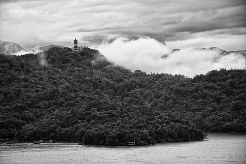 trees bw sun moon lake mountains tower water clouds temple taiwan shangrila puli sunmoonlake