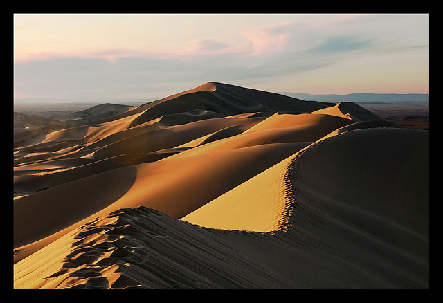 the sand dunes of Khongoryn Els at sunset in the Gobi Desert of  Mongolia