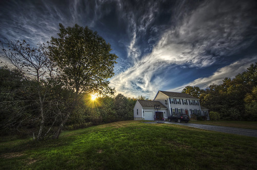blue autumn trees sky sun house fall home grass clouds yard landscape ma jeep pentax massachusetts lawn newengland dramatic wideangle driveway lane sherwoodforest 8mm ultrawide hdr homesweethome k5 photomatix acushnet tonemapped trigphotography frankcgrace