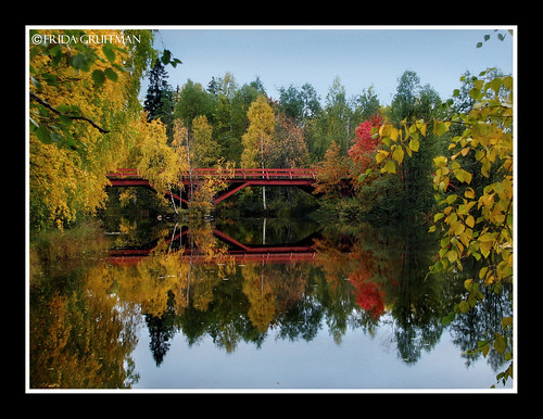 bridge autumn trees red lake reflection green fall water yellow river colorful colours afternoon sweden walk foilage norrland skellefteå västerbotten
