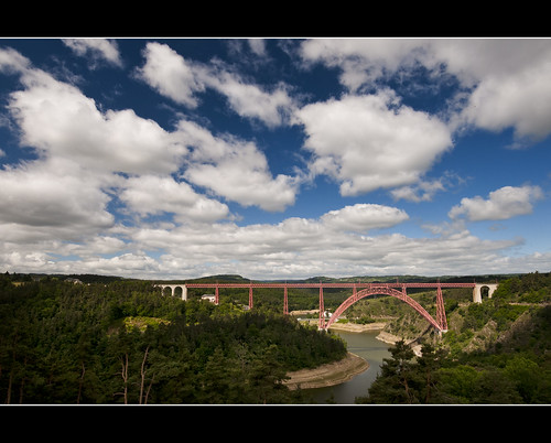 bridge red sky france clouds river landscape polarizer viaduc garabit