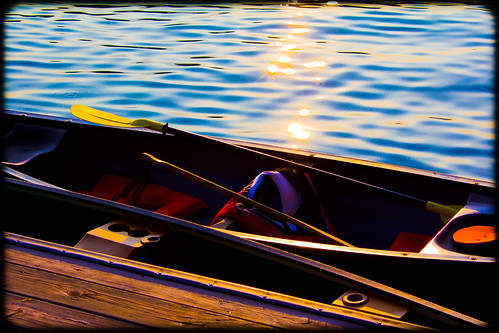 sunset lake dock pond paddle canoe lifevest