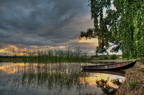 sunset lake water reflections finland boat shore hdr darksky