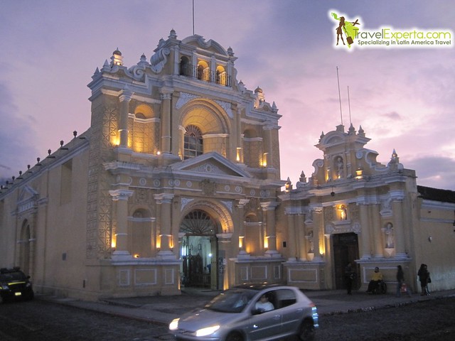 lit up church in antigua, guatemala