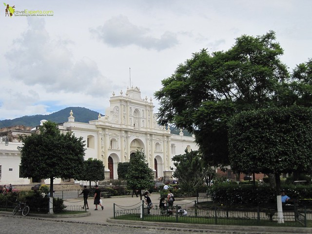 church and central park in antigua, guatemala
