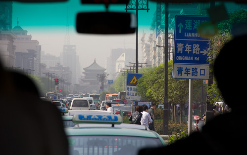 china buildings haze asia cityscape traffic taxi transport perspective belltower vehicles xian trafficjam shaanxi populated overlapping travelphotography colourphotography northroad qingnianroad vickyjg vickyjgphotography
