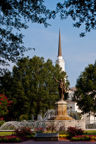 trees sky water fountain statue georgia lafayettesquare lagrange troupcounty thesussman downtownlagrange sonyalphadslra200 project36612011