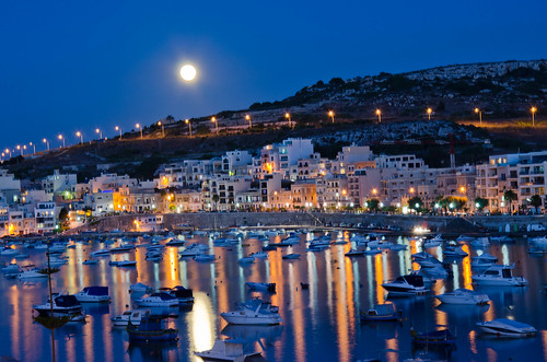 sea night boats lights bay europe malta xemxija