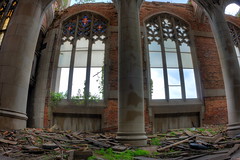 Abandoned City Methodist Church. Stained glass windows. HDR.  Gary, Indiana.