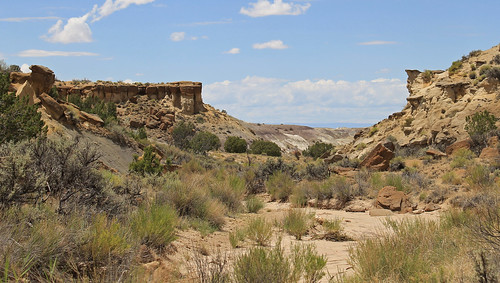 sky clouds sand sandstone rocks desert canyon erosion boulders wash badlands wilderness scrub bisti denazin