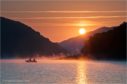 sun mountain lake water fog forest sunrise boat fishing fishermen dam bulgaria tsonevo