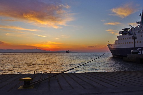 blue red sea sky sun clouds port sunrise golden ship greece departure bollard tether rafina