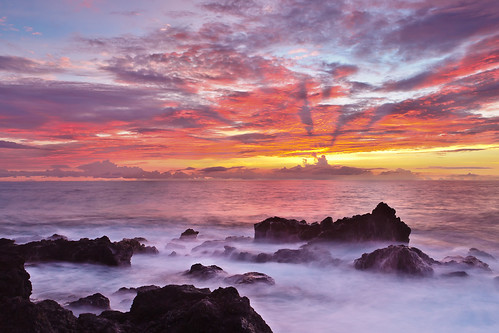 ocean sunset sky orange beach water clouds landscape gold hawaii rocks surf pacific scenic azure konahawaii singhray
