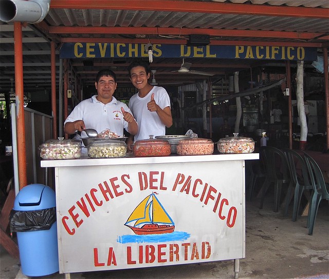fresh ceviche stand in a seafood market in el salvador