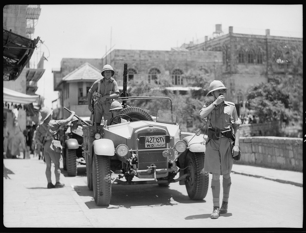 British soldiers from the 2nd Battalion Black Watch Regiment  & armoured cars with Lewis machine guns in Julian Way, at Jaffa Gate July 13, 1938 ( LARGE image )