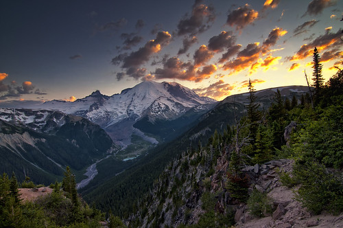 trees sunset sky mountain lake clouds sunrise river landscape washington valley mountrainier land