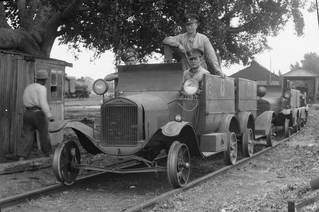 British soldiers on a Motor trolly on Palestine railroads preceding passenger trains to investigate track - circa 1936
