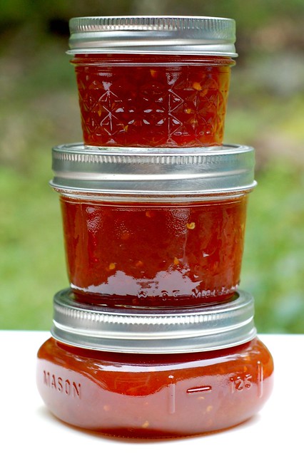 Three jars of tomato jam by Eve Fox, Garden of Eating blog, copyright 2011