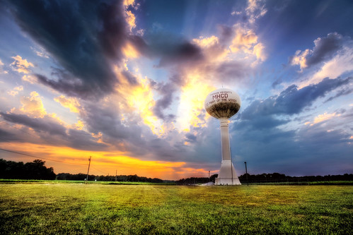 blue sunset orange green clouds midwest watertower indiana wideangle hdr