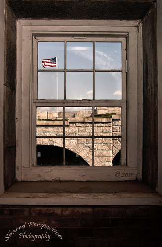 sky reflection brick window glass stone wall fort flag maine americanflag frame prospect fortknox sonya200 sharedperspectivesphotography