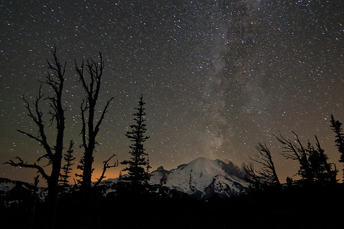 mountain tree night sunrise stars star washington bare galaxy mountrainier starry milkyway