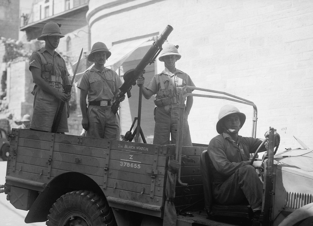 British troops from the  2nd Battalion Black Watch Regiment in jeep with Lewis machine gun - Palestine circa 1938