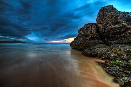 ocean longexposure blue sunset sea cloud beach rock golden scotland waves magic formation bluehour