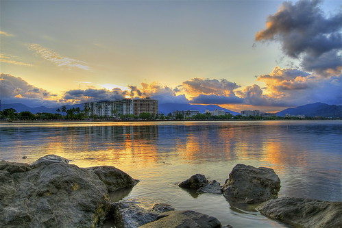 city sunset sky reflection water clouds bay rocks edge esplanade promenade queensland iphoto cairns hdr fnq trinitybay photomatix