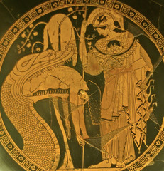 Jàson regurgitat pel dragó que vigilava el velló d'or, copa de Duris, c. 480-470 a.C., Musei Vaticani, Roma