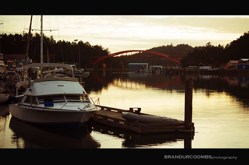 bridge sunset water boats washington laconner