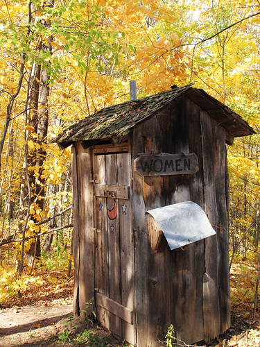 autumn color fall women michigan victoria ghosttown outhouse refurbished october2011
