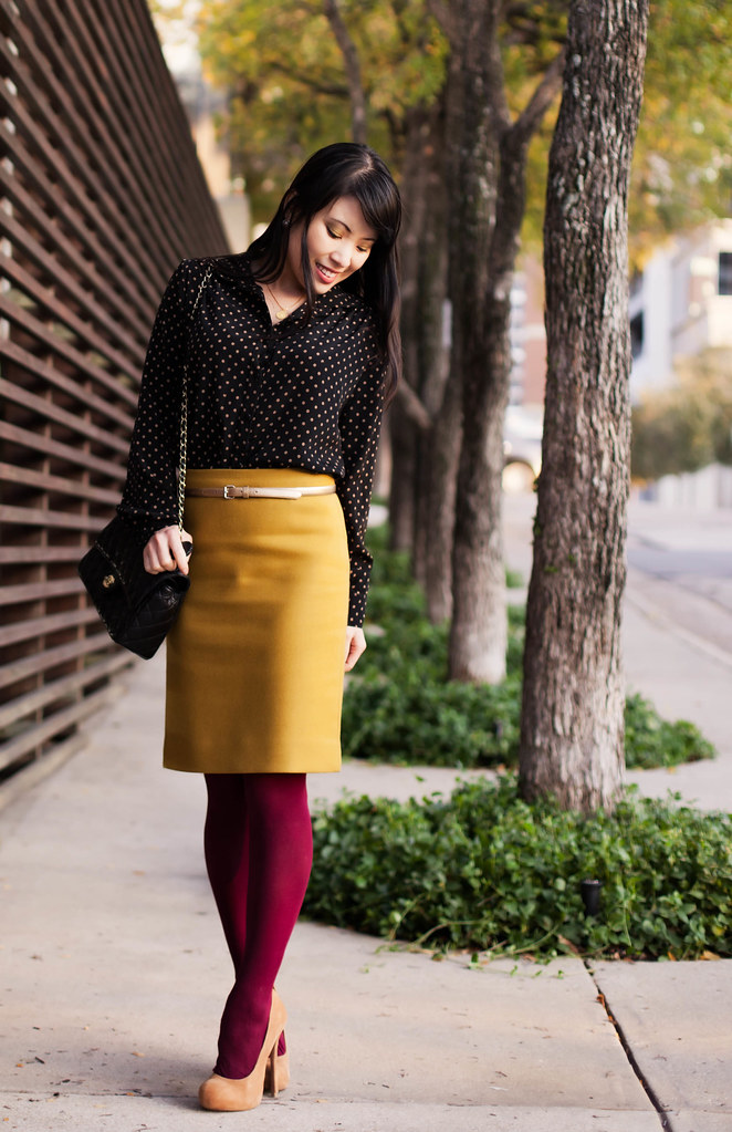 papaya polka-dot shirt, j. crew double serge wool skirt bronzed ochre, ann taylor gold skinny belt, we love colors maroon tights, bakers wild pair karen tan suede pumps, chanel quilted classic m/l flap purse