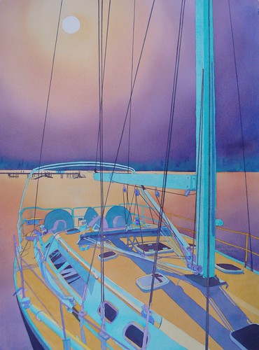 sunset sailboat painting harbor artist michigan bret american watercolors pentwater steinhaus
