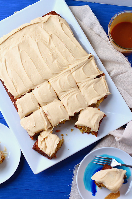 Tropical Carrot Sheet Cake with Salted Caramel Frosting