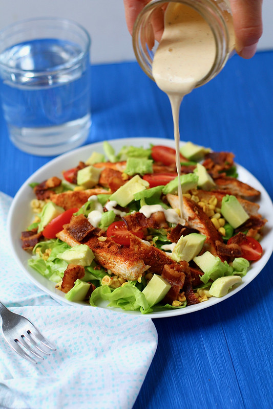 Chicken and Roasted Corn Salad with Bacon and Honey Mustard Ranch Dressing